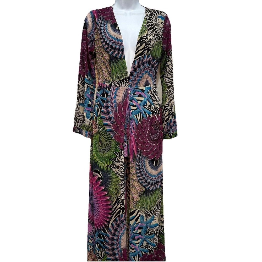 Xtaren Skort Maxi Dress Womens Small Jungle Print Sheer Long Sleeve Back Zip NWT